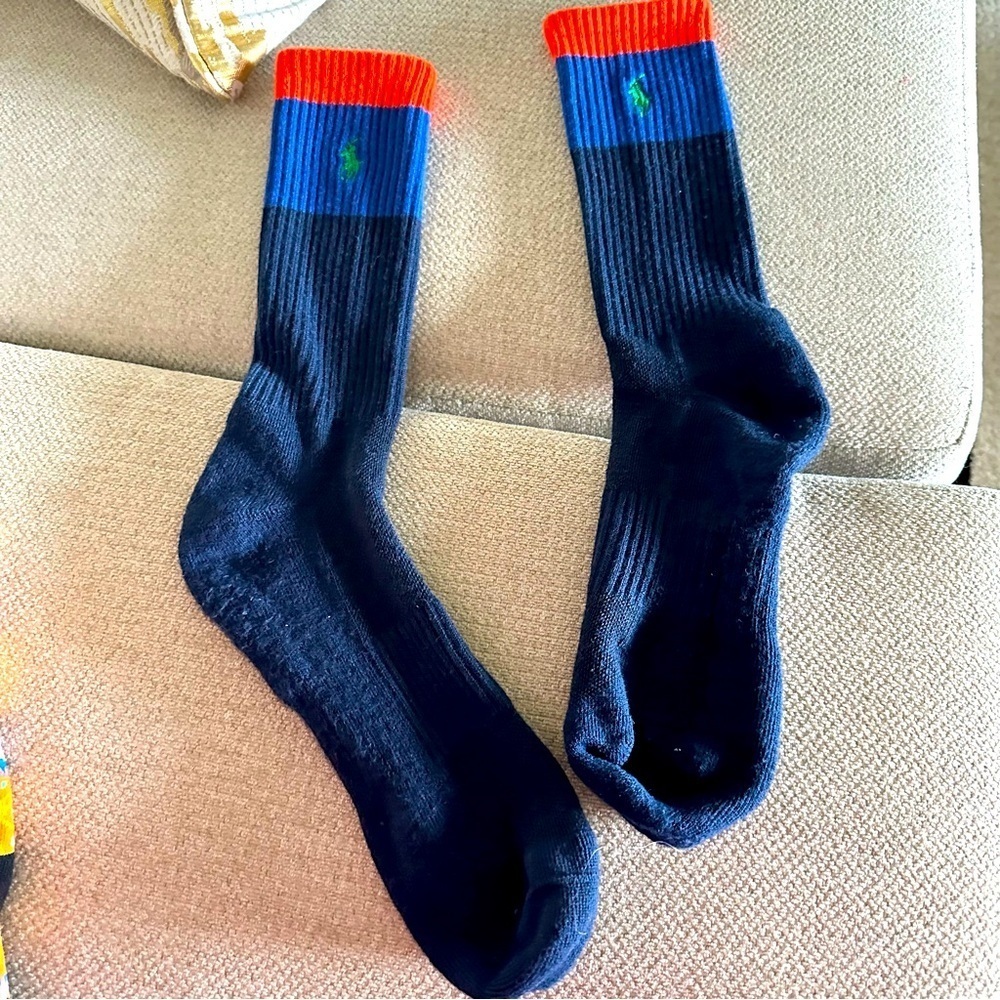 Ralph Lauren Polo athletic stripe sweat socks cotton blend blue orange logo pony
